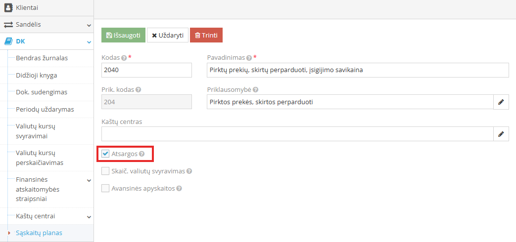 Sąskaitų plano langas su požymiu „Atsargos“